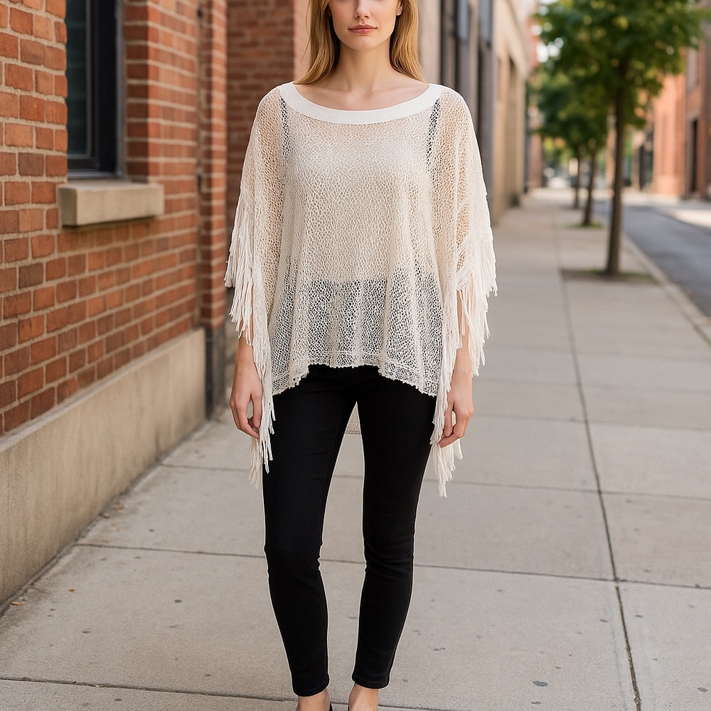 White fringe blouse size Small great summer cover up